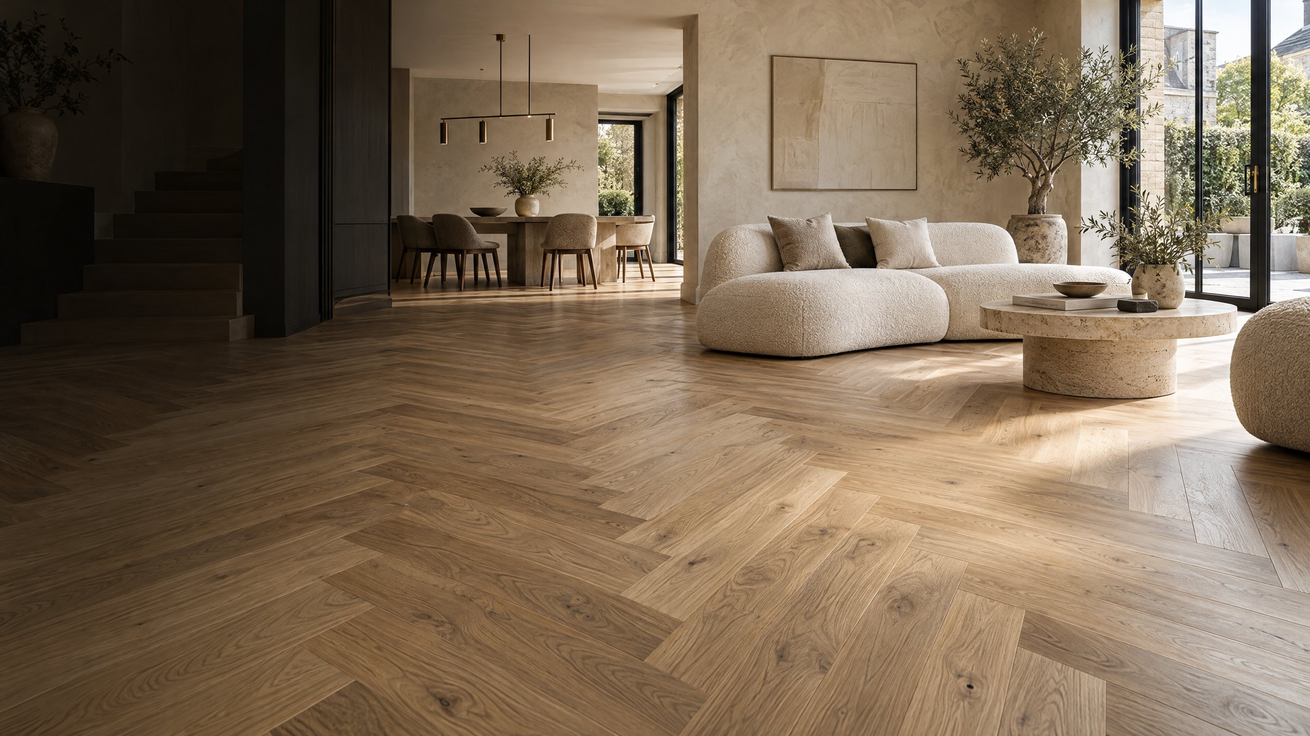 Oak herringbone flooring in a calm interior